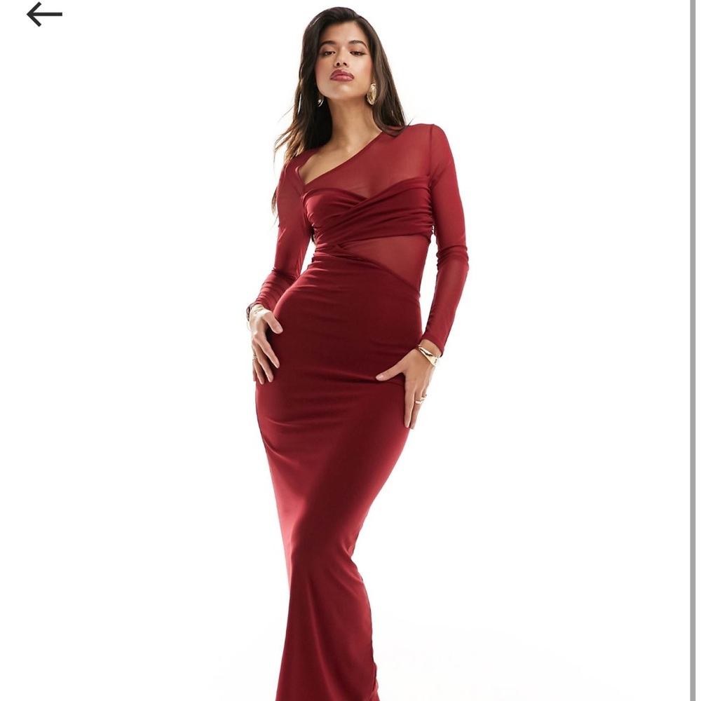 ASOS DESIGN long sleeve mesh mix maxi dress with twist bust in burgundy